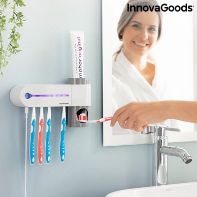 UV-sterilisering för tandborstar med hållare och tandkrämsdispenser