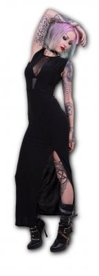 Gothic elegance svart långklänning med slits tatueringar