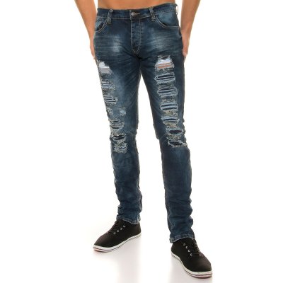 Mörkblå jeans med mycket slitningar